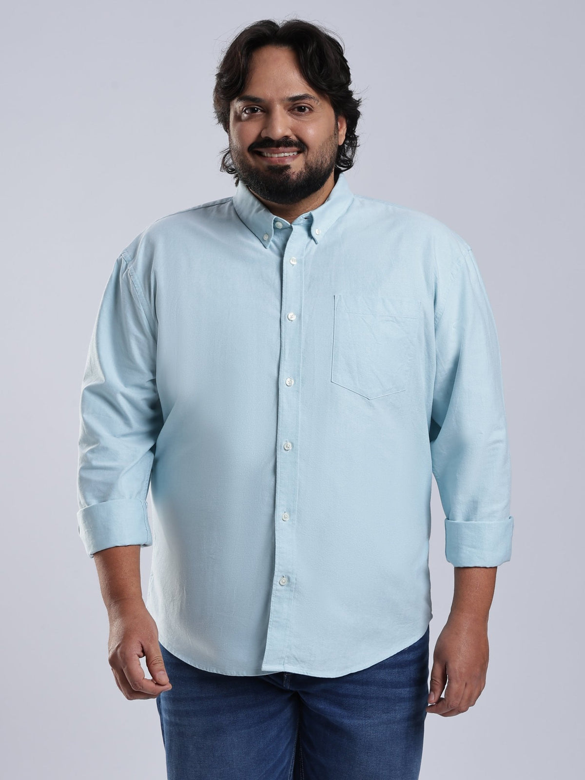 Telodo - Relaxed Fit Plain Plus Size Shirt - Ice Blue - Espanshe