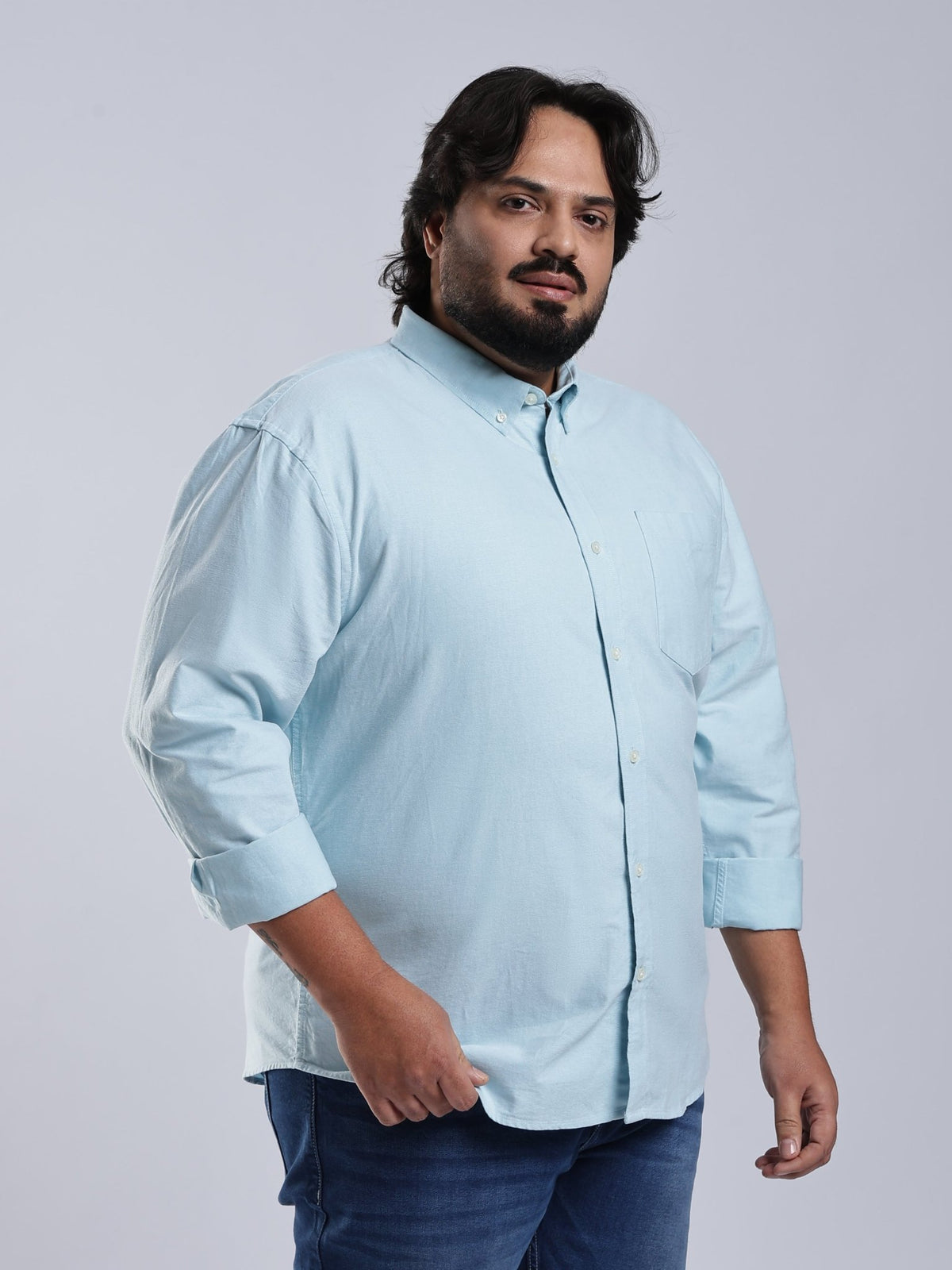 Telodo - Relaxed Fit Plain Plus Size Shirt - Ice Blue - Espanshe