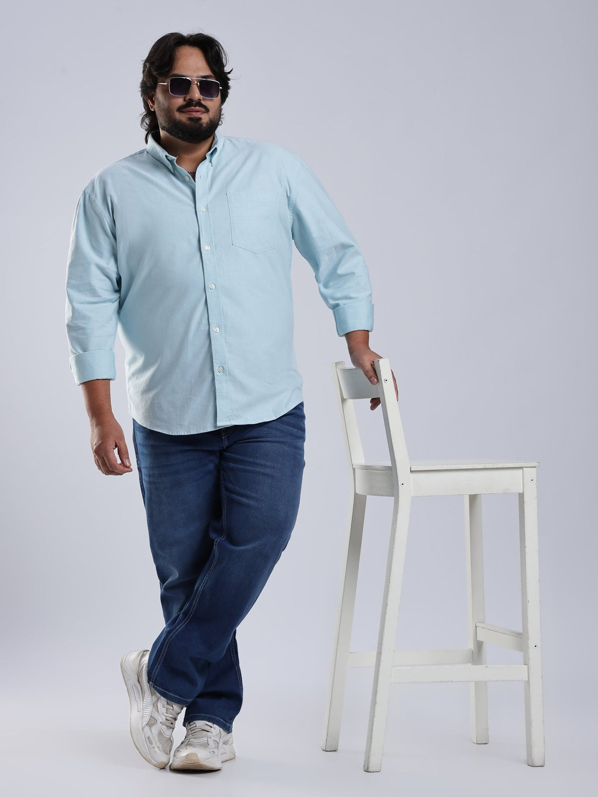 Telodo - Relaxed Fit Plain Plus Size Shirt - Ice Blue - Espanshe