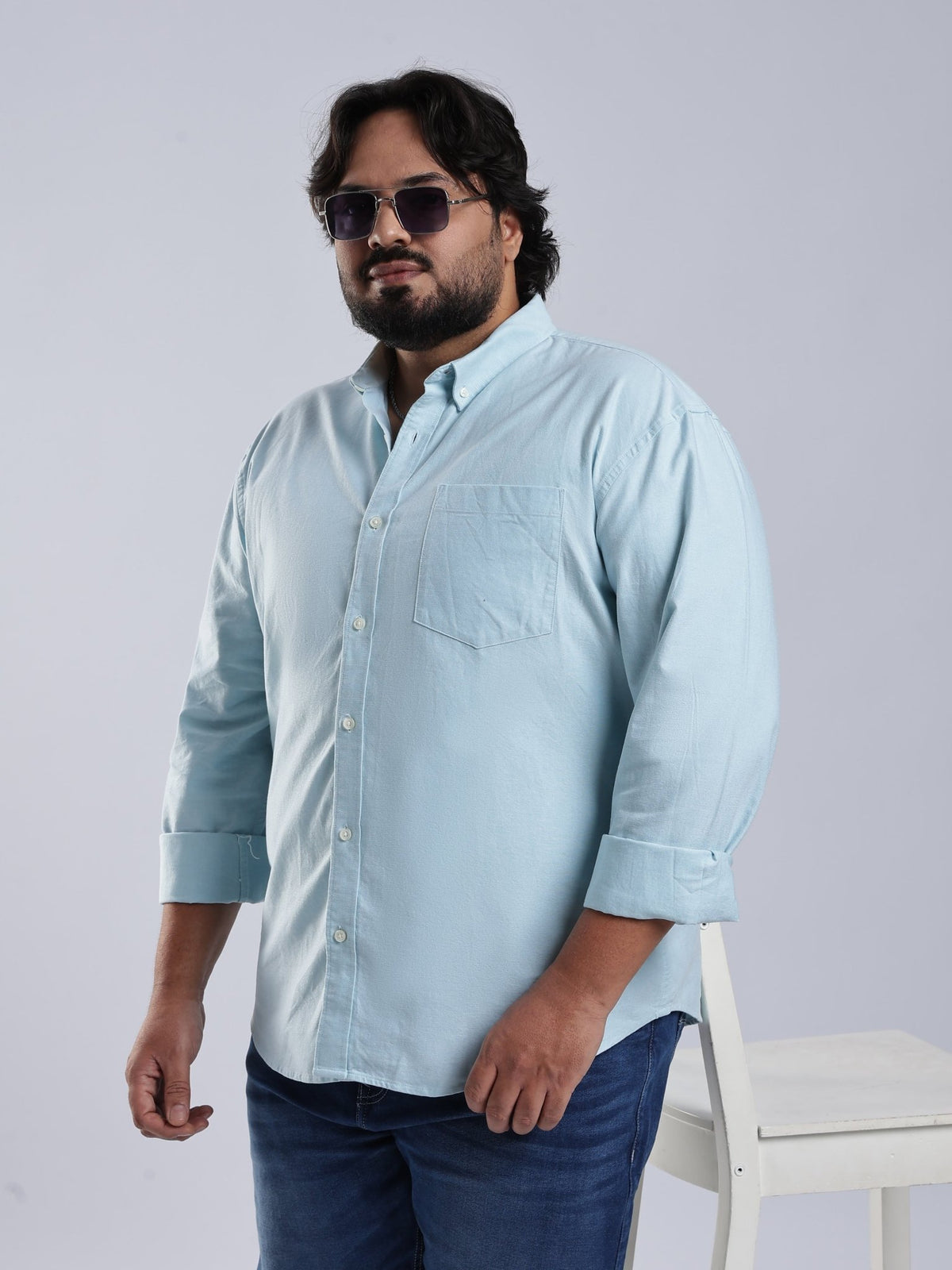 Telodo - Relaxed Fit Plain Plus Size Shirt - Ice Blue - Espanshe