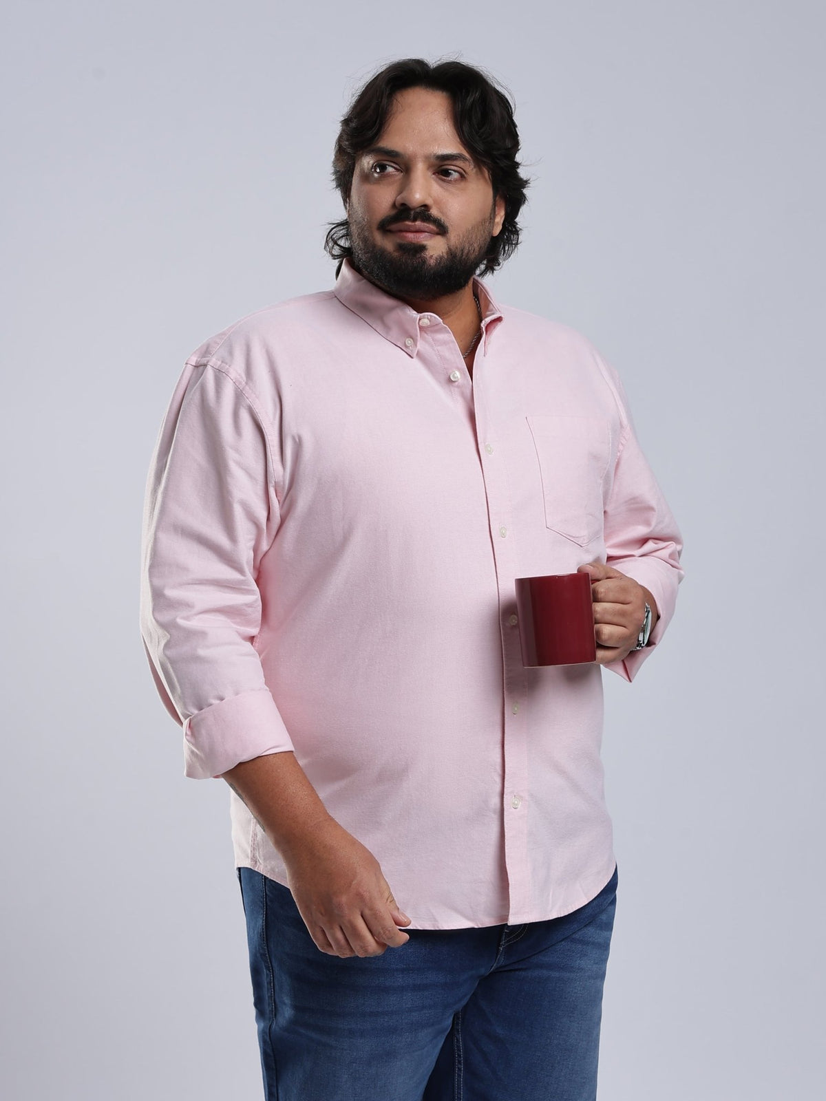 Telodo - Relaxed Fit Plain Plus Size Shirt - Light Pink - Espanshe