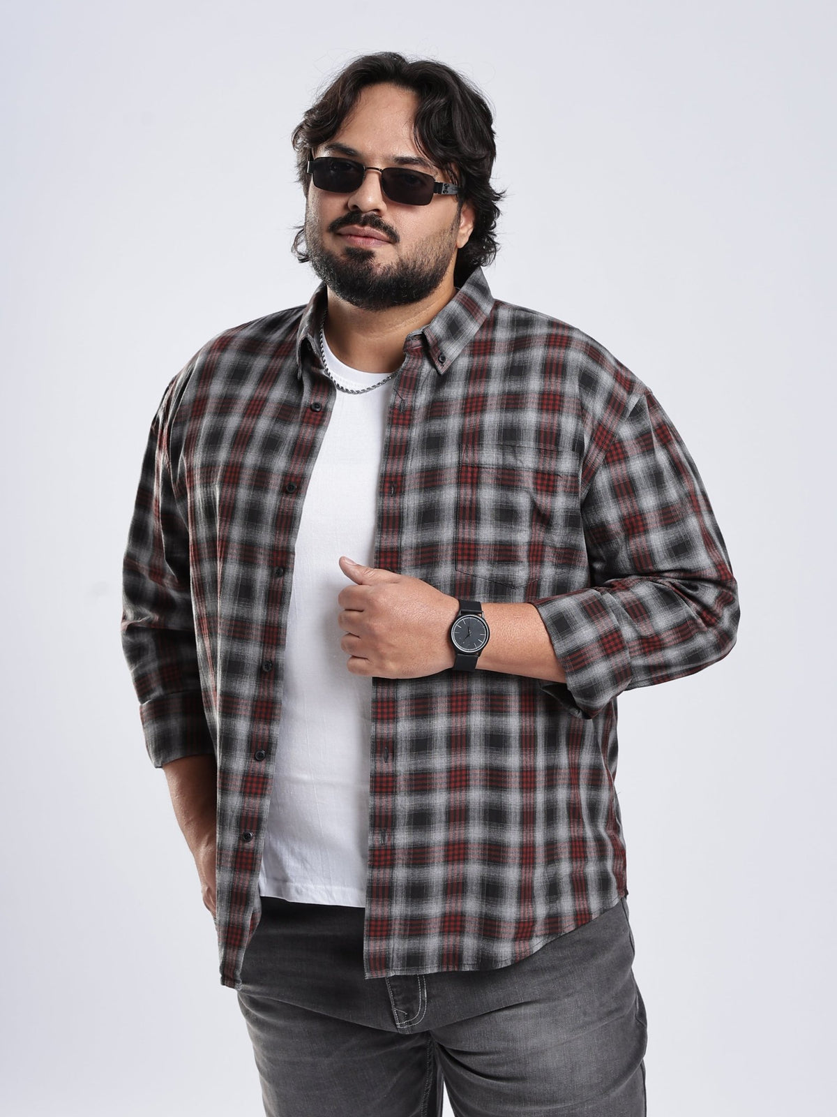 Rani - Relaxed Fit Checks Plus Size Shirt - Red - Espanshe
