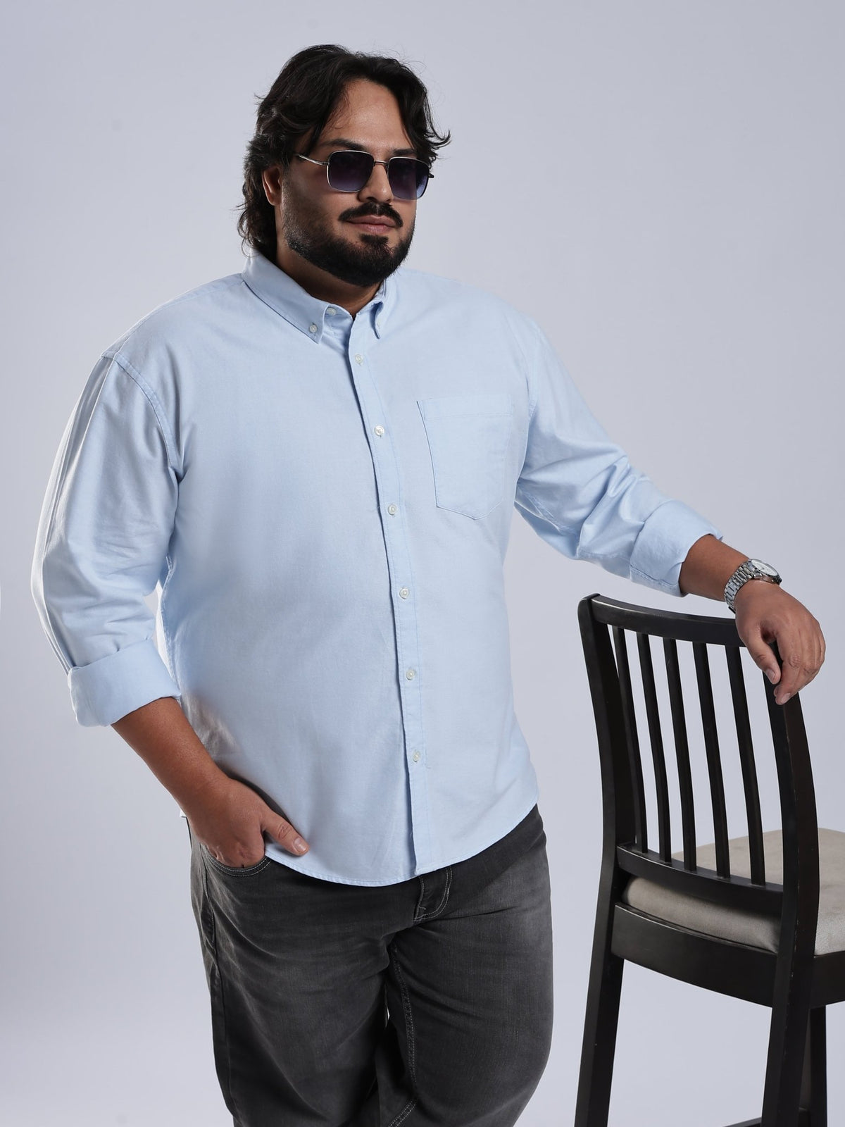 Telodo - Relaxed Fit Plain Plus Size Shirt - Sky Blue - Espanshe