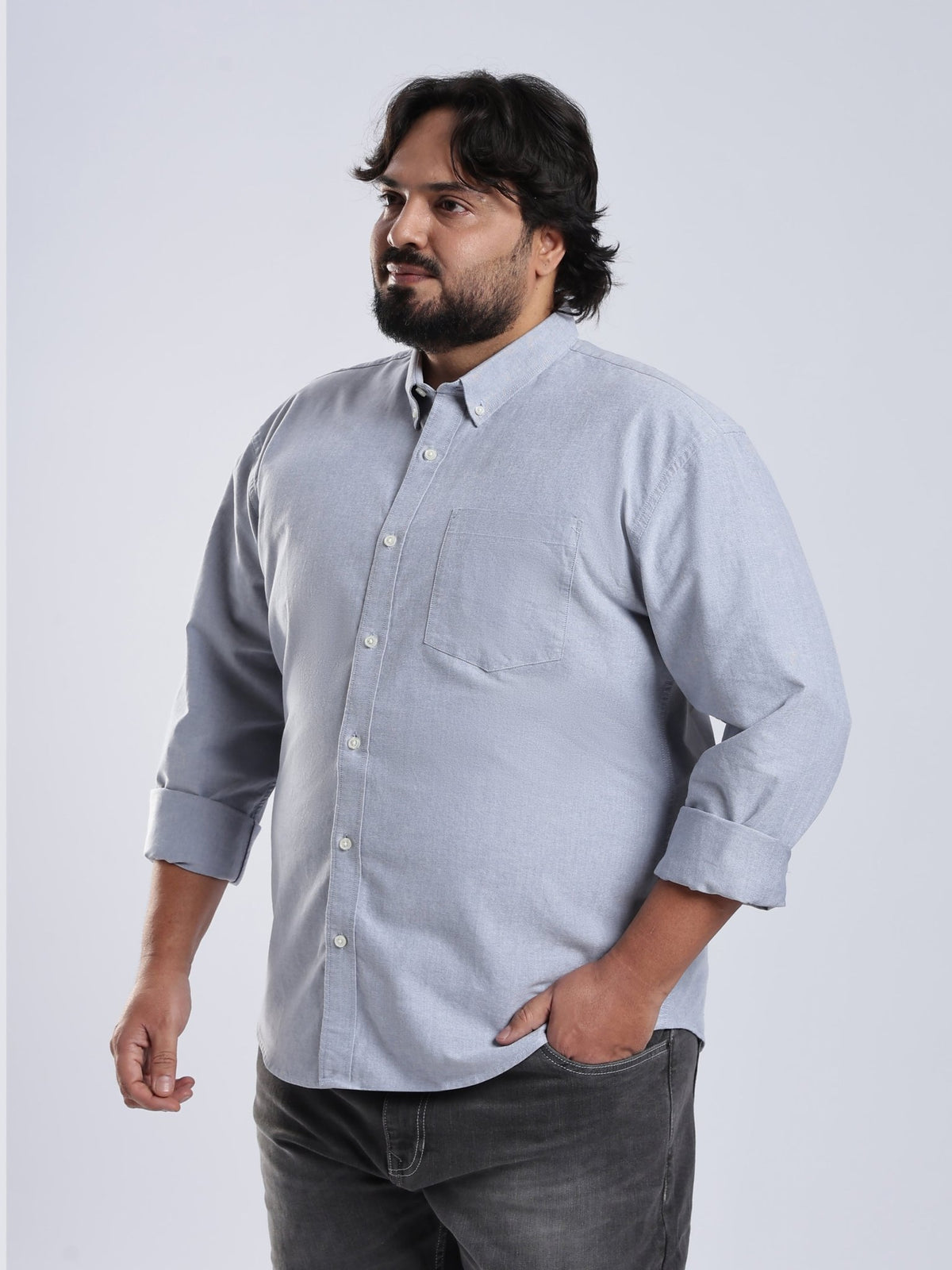 Telodo - Relaxed Fit Plain Plus Size Shirt - Light Grey - Espanshe