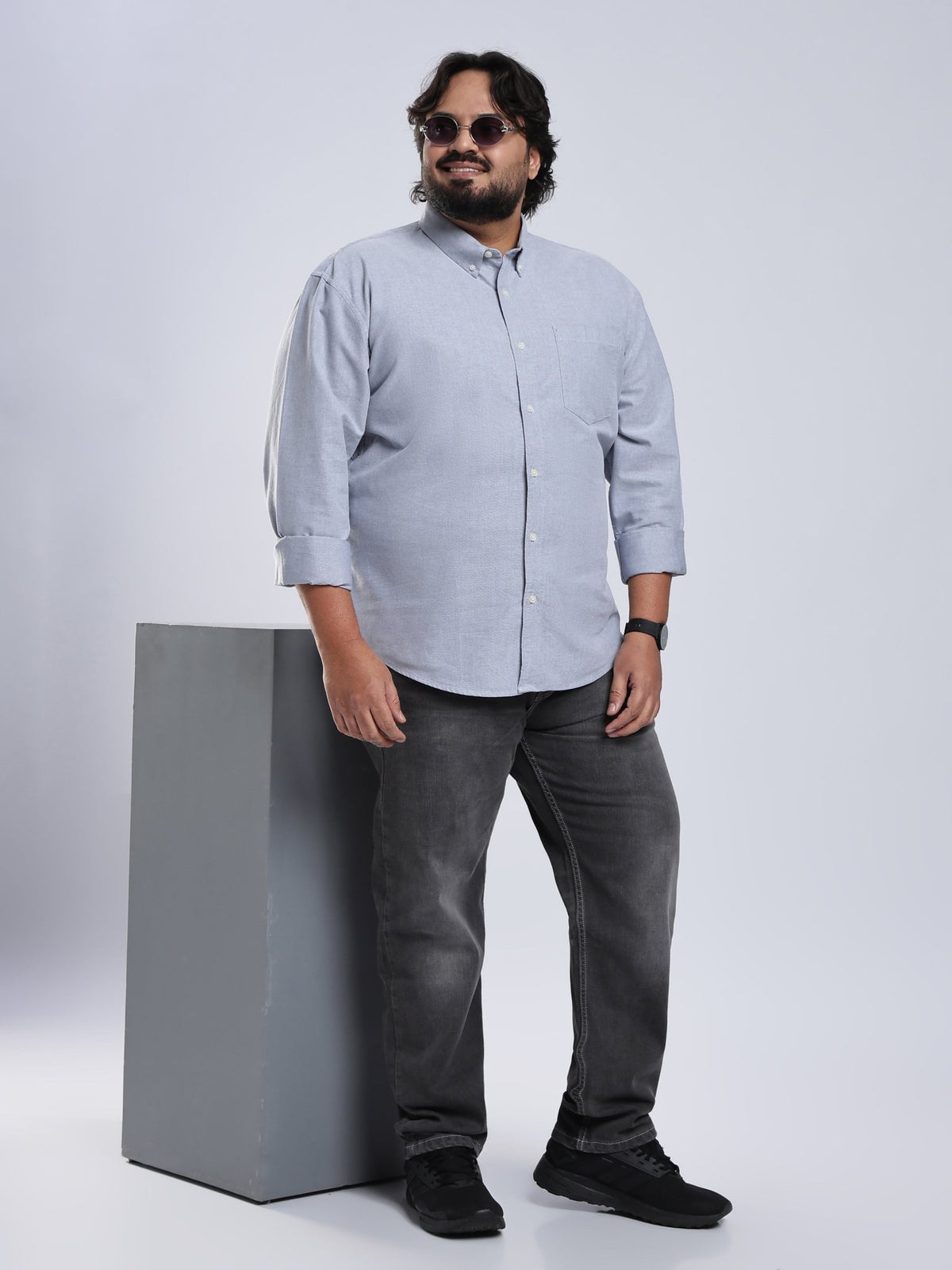 Telodo - Relaxed Fit Plain Plus Size Shirt - Light Grey - Espanshe