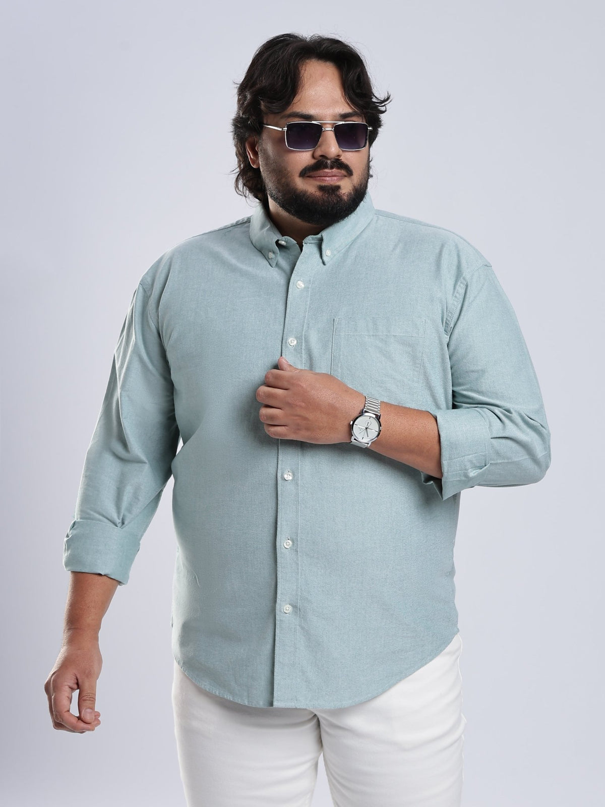 Telodo - Relaxed Fit Plain Plus Size Shirt - Aqua Green - Espanshe