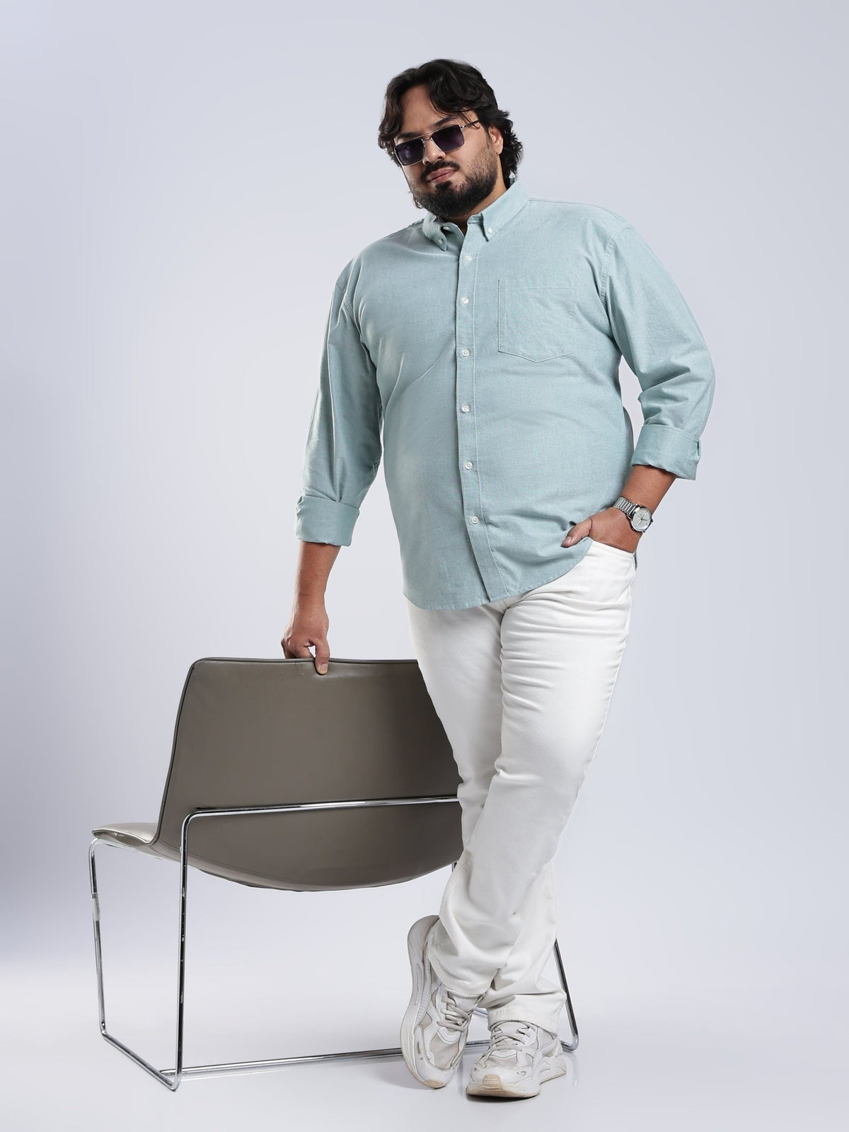 Telodo - Relaxed Fit Plain Plus Size Shirt - Aqua Green - Espanshe