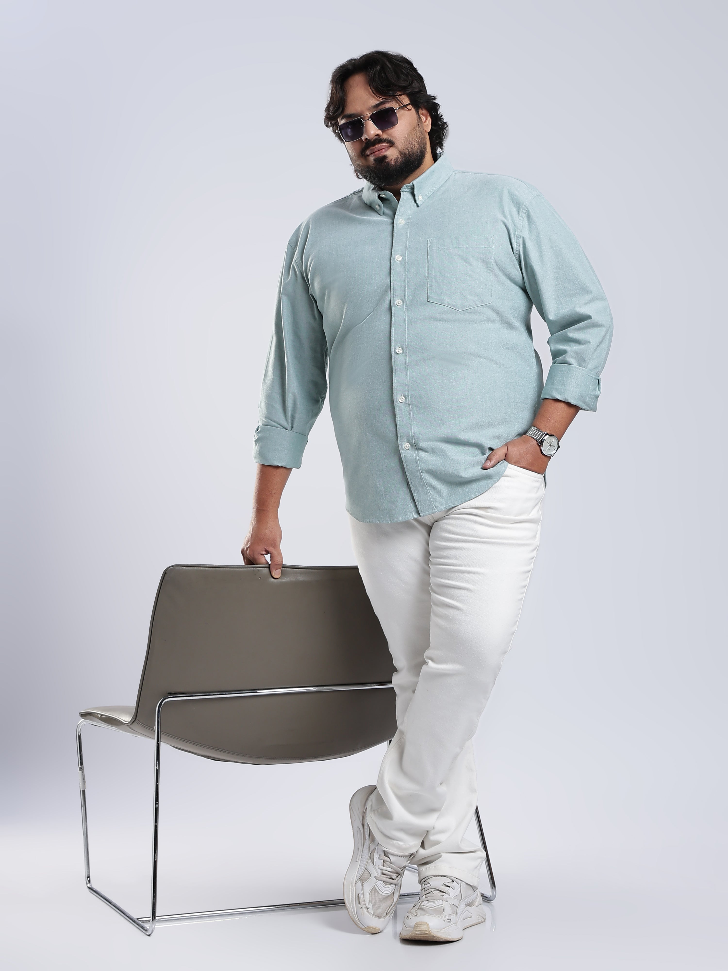 Telodo - Relaxed Fit Plain Plus Size Shirt - Aqua Green