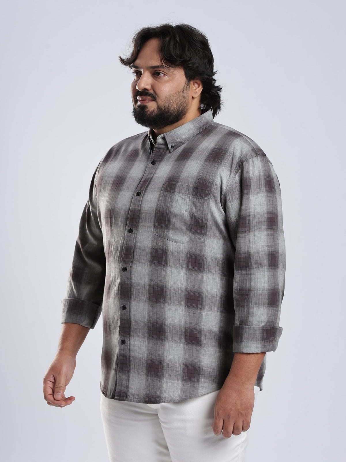 Rani - Relaxed Fit Checks Plus Size Shirt - Brown Grey - Espanshe