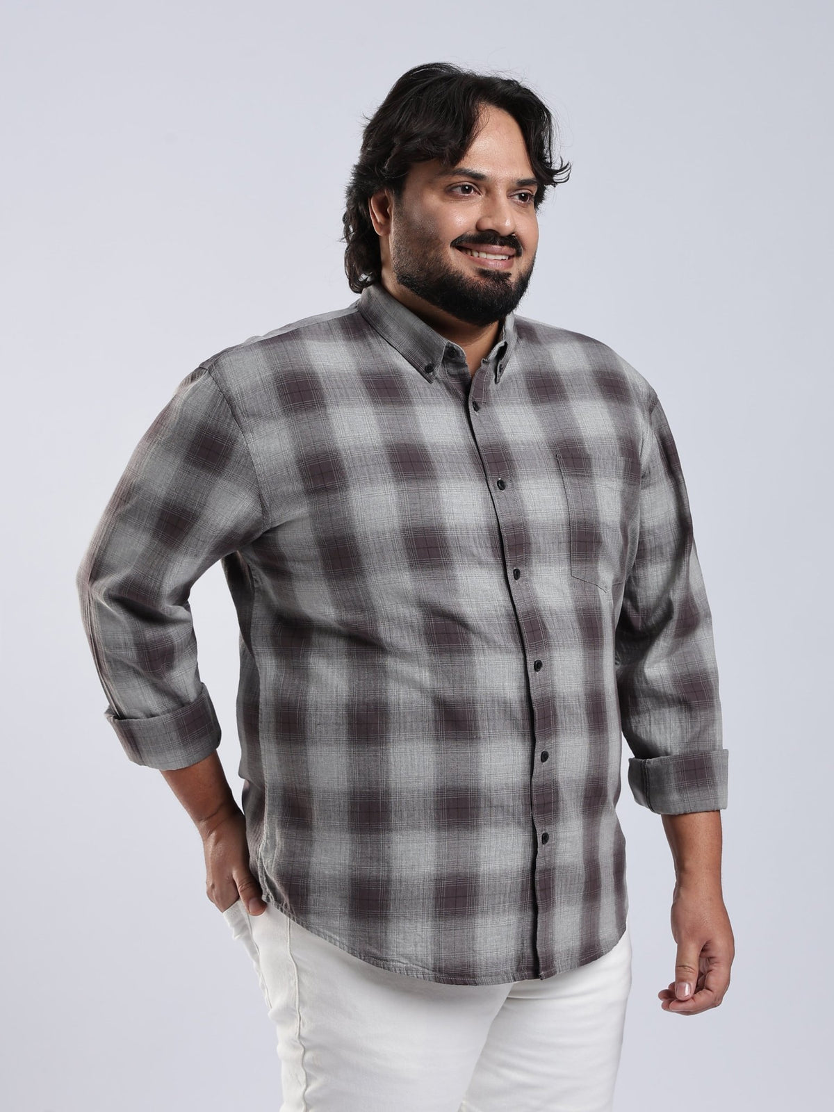 Rani - Relaxed Fit Checks Plus Size Shirt - Brown Grey - Espanshe