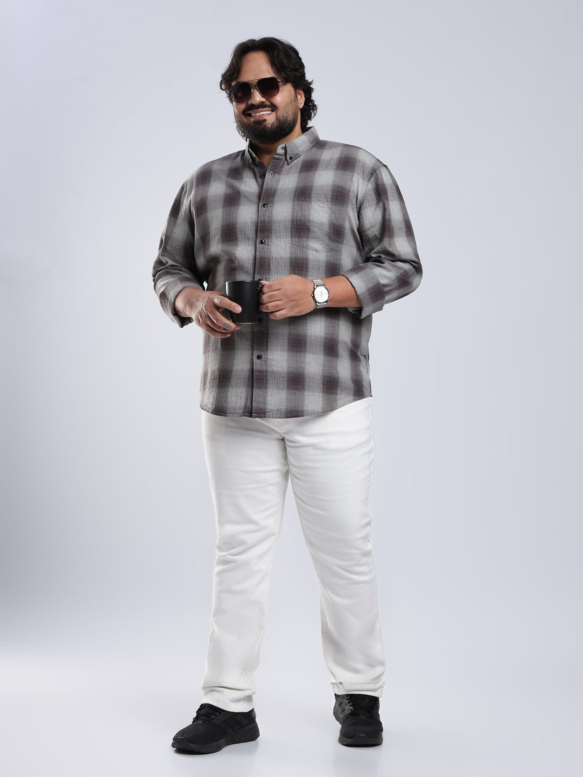 Rani - Relaxed Fit Checks Plus Size Shirt - Brown Grey - Espanshe