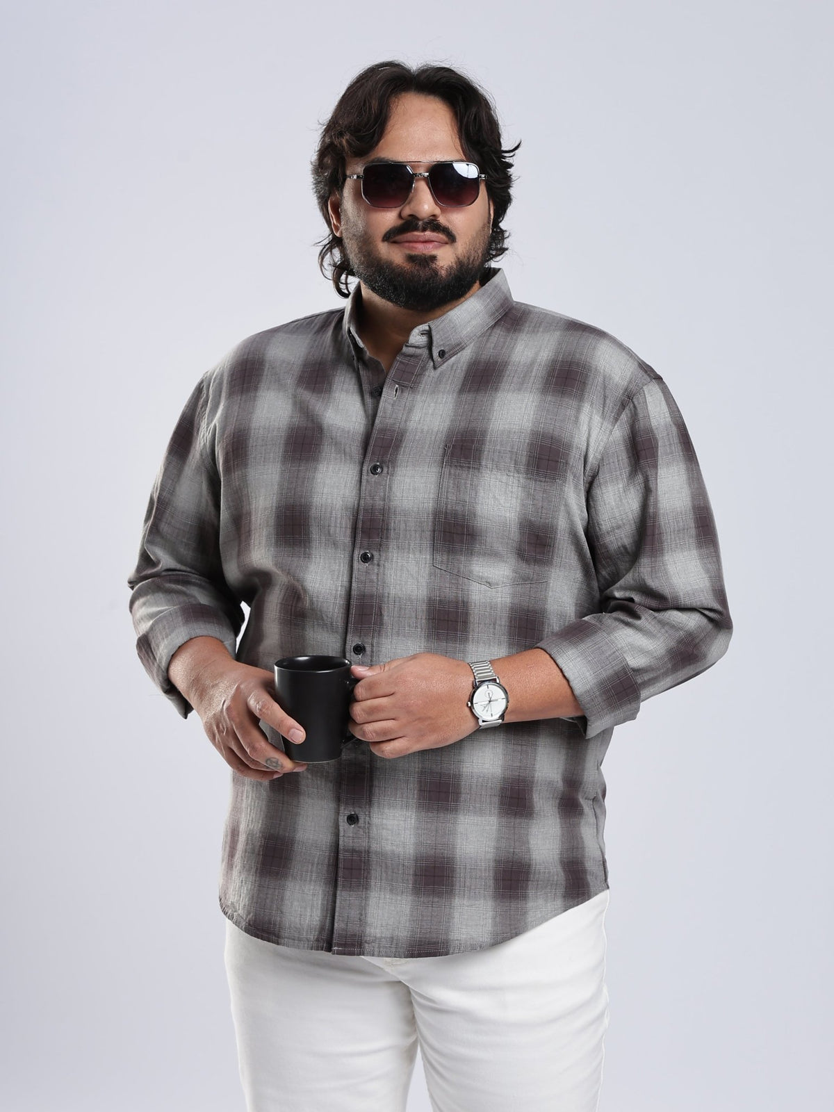 Rani - Relaxed Fit Checks Plus Size Shirt - Brown Grey - Espanshe