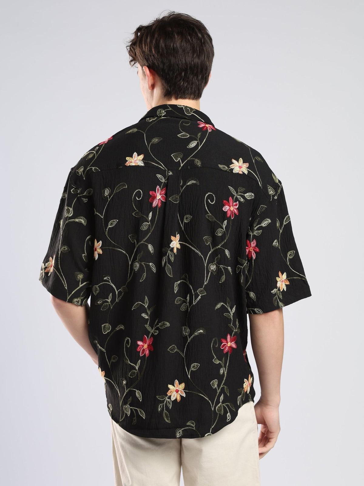 Bopha - Floral Embroidery Half Sleeve Shirt - Black - Espanshe