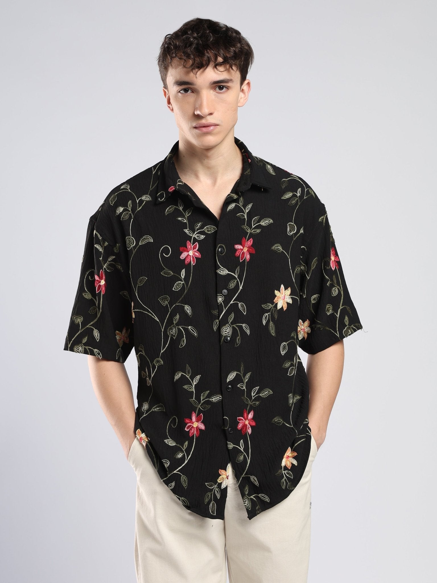 Bopha - Floral Embroidery Half Sleeve Shirt - Black - Espanshe