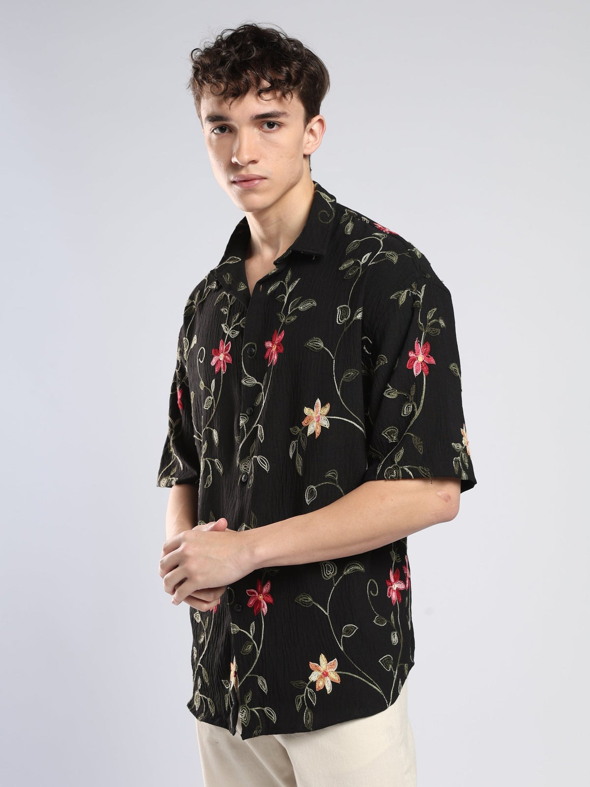 Bopha - Floral Embroidery Half Sleeve Shirt - Black - Espanshe