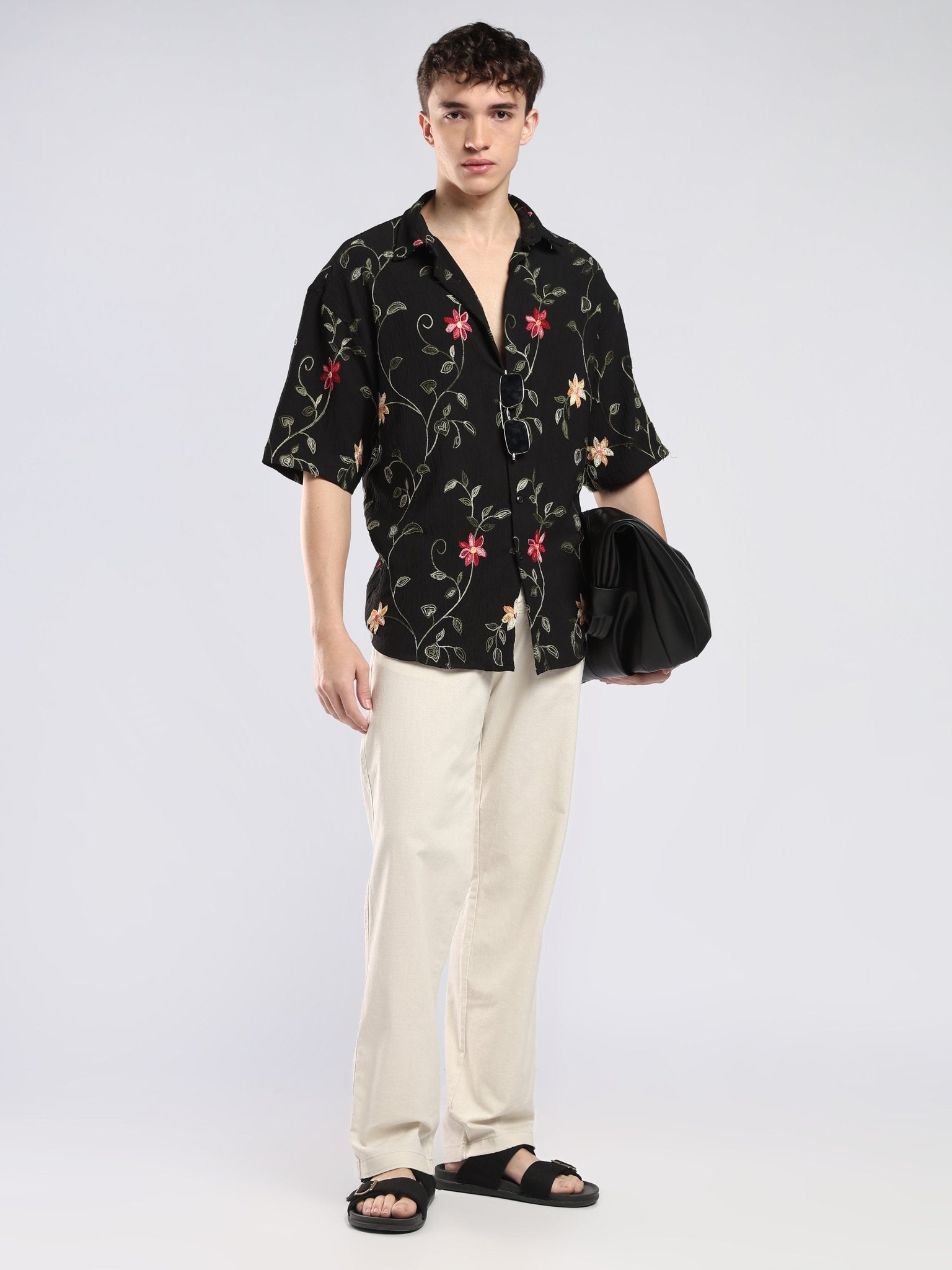 Bopha - Floral Embroidery Half Sleeve Shirt - Black - Espanshe