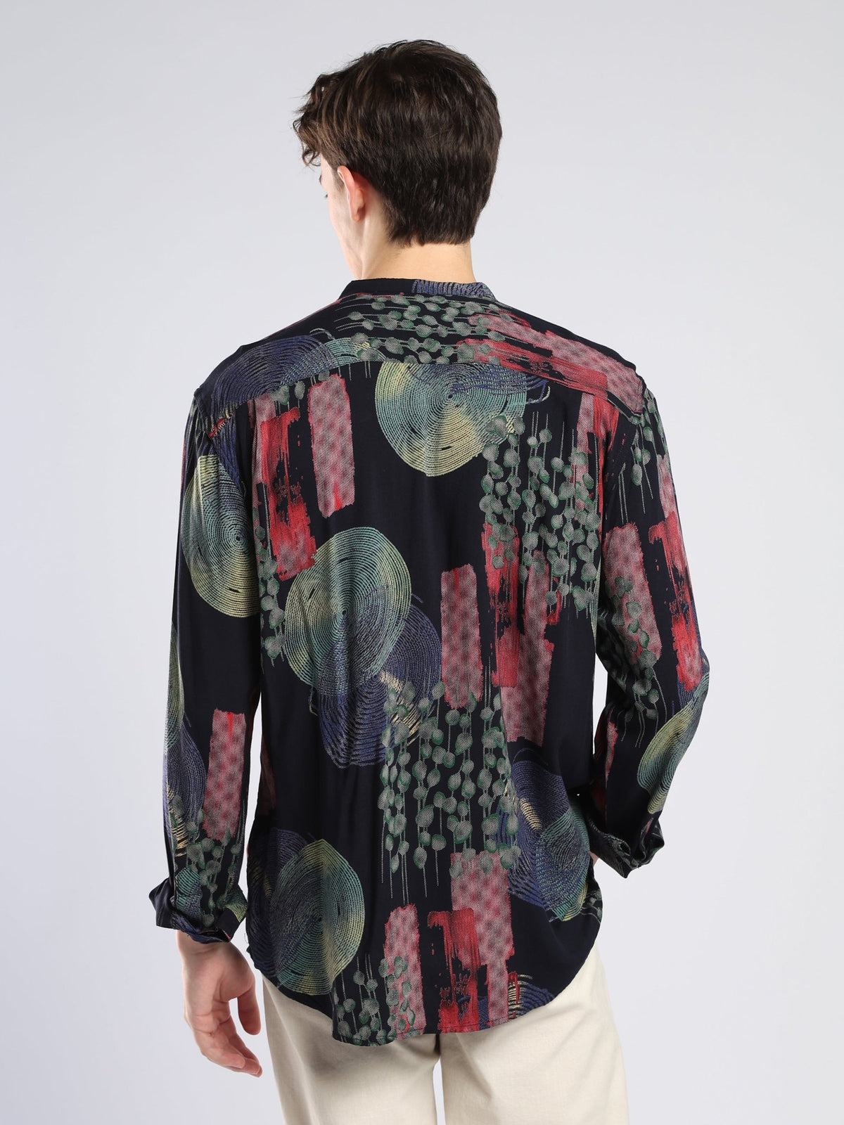 Xisoni - Abstract Printed Mandarin Collar Shirt - Navy Blue - Espanshe