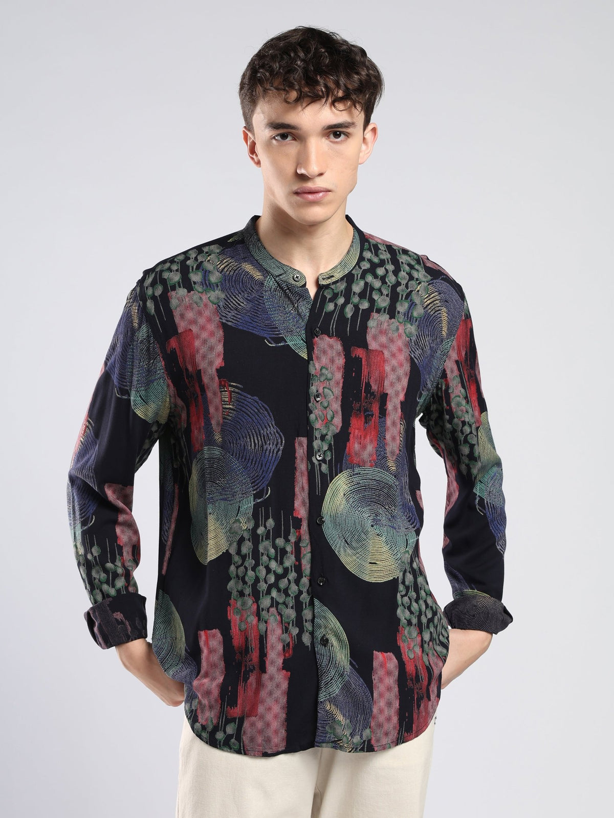 Xisoni - Abstract Printed Mandarin Collar Shirt - Navy Blue - Espanshe