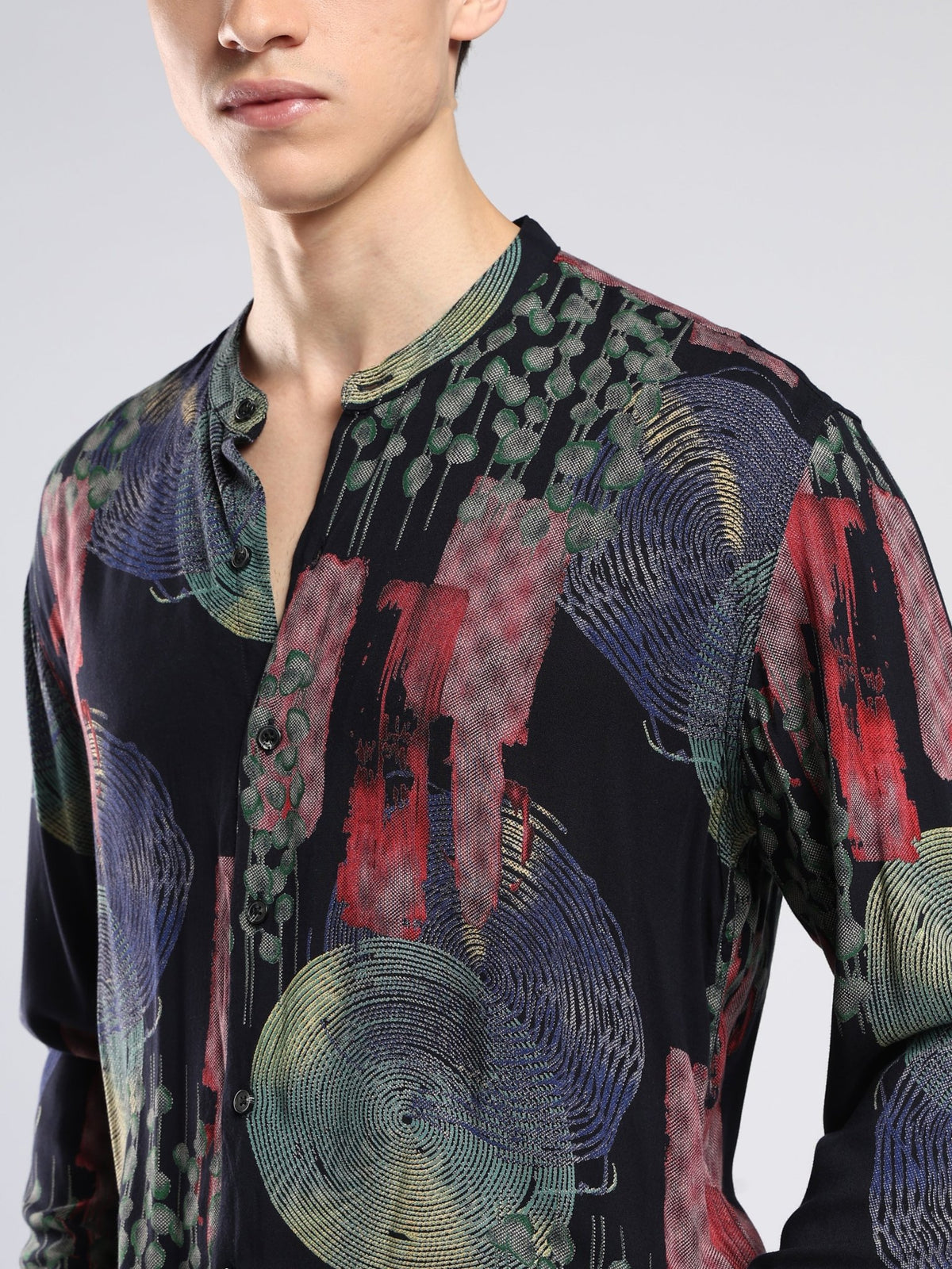 Xisoni - Abstract Printed Mandarin Collar Shirt - Navy Blue - Espanshe