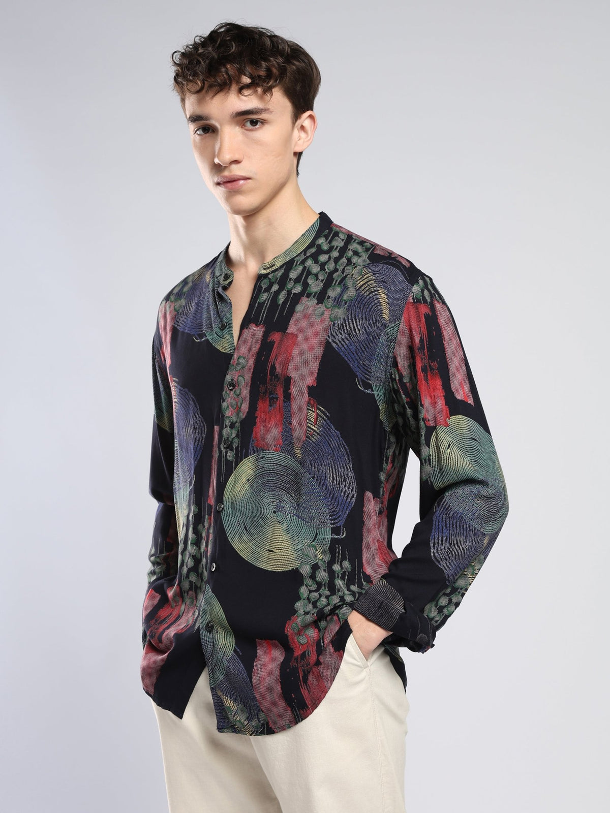 Xisoni - Abstract Printed Mandarin Collar Shirt - Navy Blue - Espanshe