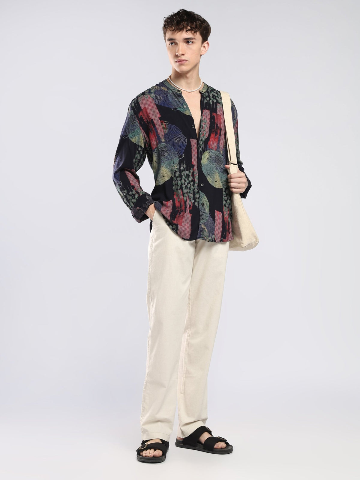 Xisoni - Abstract Printed Mandarin Collar Shirt - Navy Blue - Espanshe