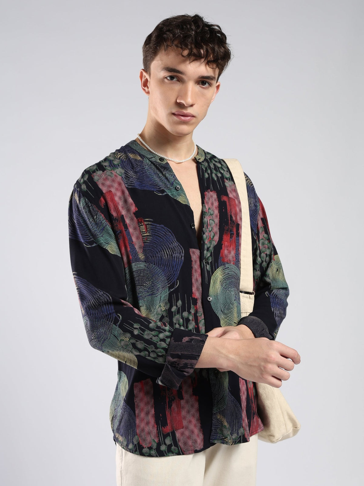 Xisoni - Abstract Printed Mandarin Collar Shirt - Navy Blue - Espanshe