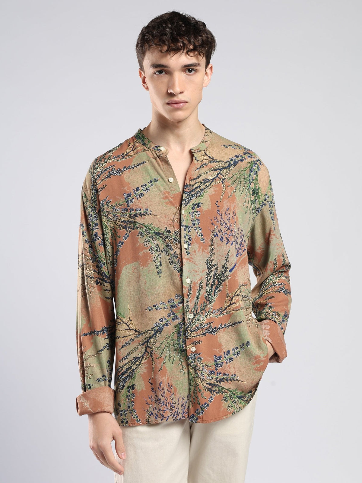 Xisoni - Abstract Printed Mandarin Collar Shirt -Terracotta - Espanshe