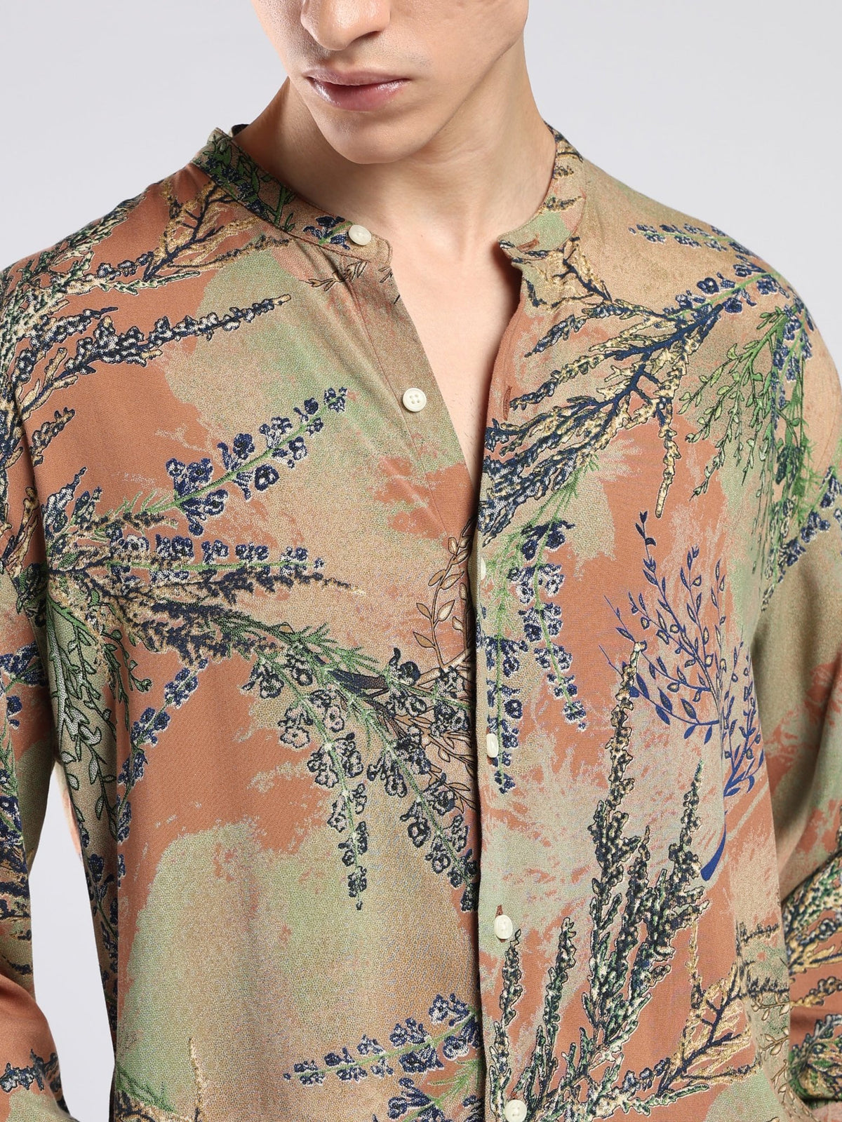 Xisoni - Abstract Printed Mandarin Collar Shirt -Terracotta - Espanshe