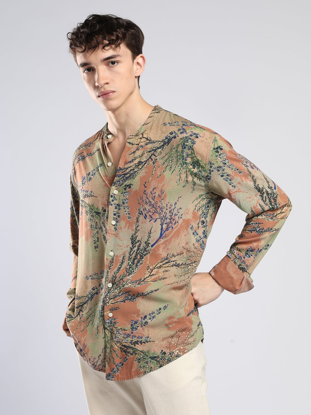 Xisoni - Abstract Printed Mandarin Collar Shirt -Terracotta - Espanshe
