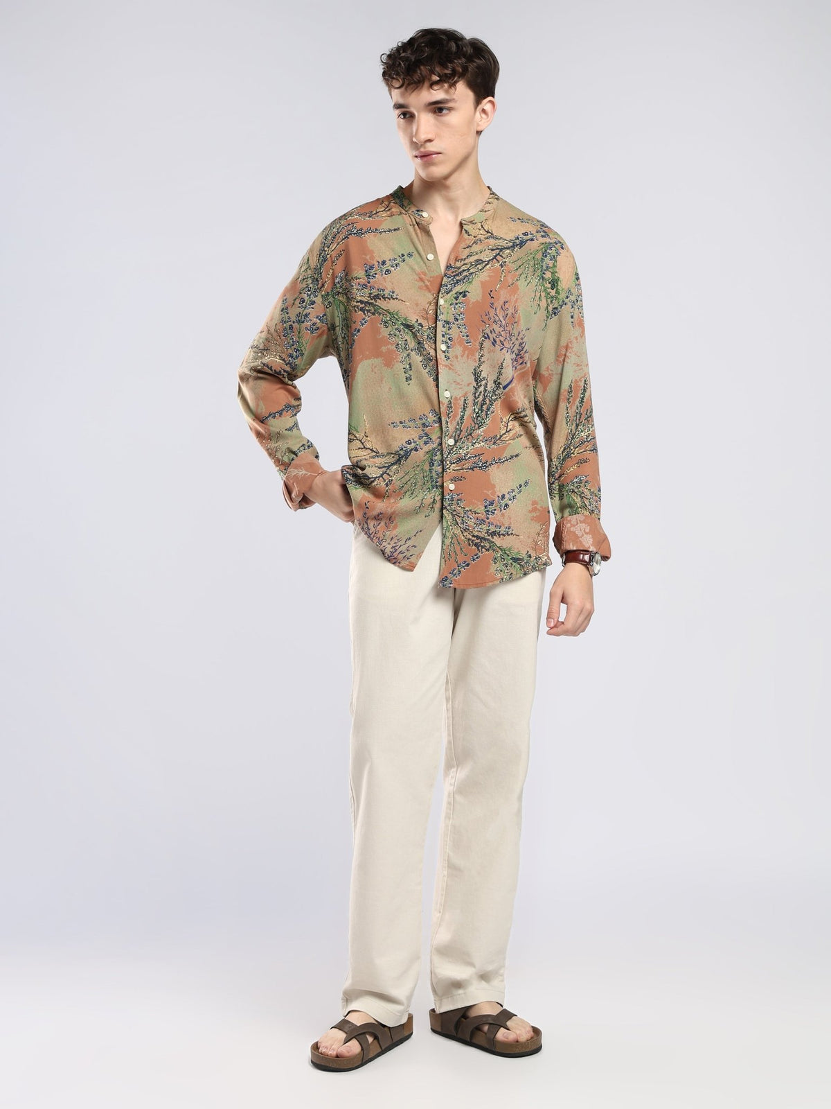 Xisoni - Abstract Printed Mandarin Collar Shirt -Terracotta - Espanshe