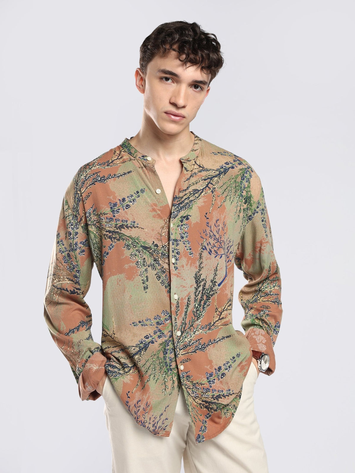 Xisoni - Abstract Printed Mandarin Collar Shirt -Terracotta - Espanshe