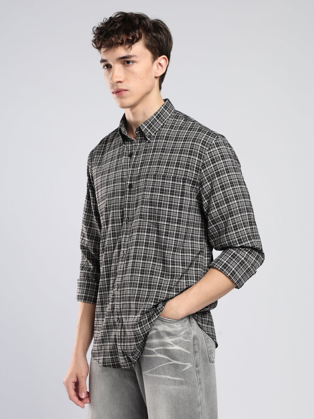 Vololo - Relaxed Fit Checks Shirt - Dark Grey - Espanshe