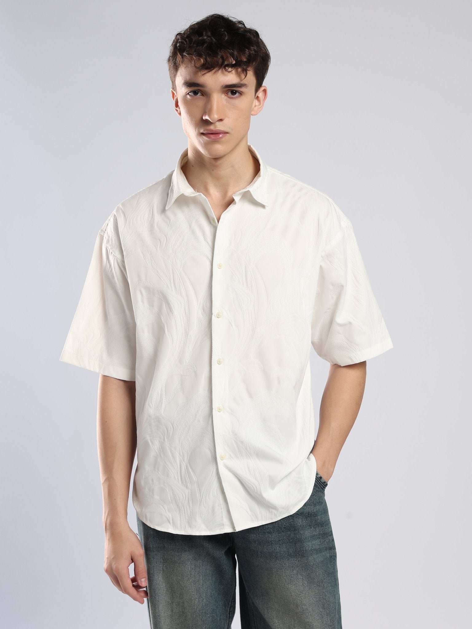 Bopha - Embroidery Half Sleeve Shirt - Off White - Espanshe