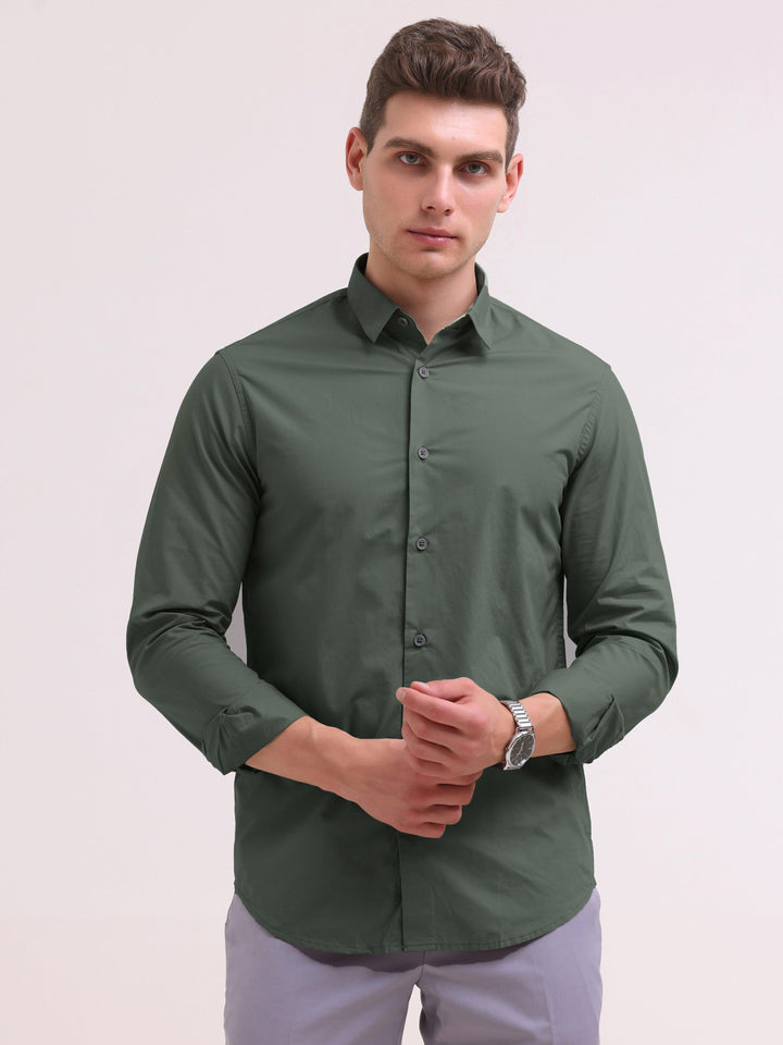 Orchida Plain Full Sleeve Poplin Shirt - Green - Espanshe