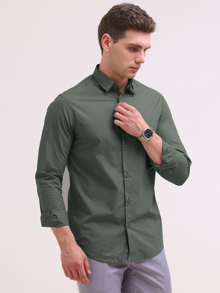 Orchida Plain Full Sleeve Poplin Shirt - Green - Espanshe