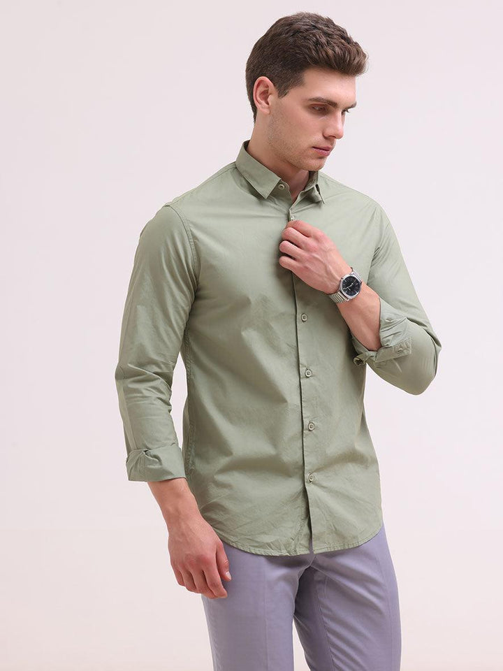 Orchida Plain Full Sleeve Poplin Shirt Olive - Espanshe