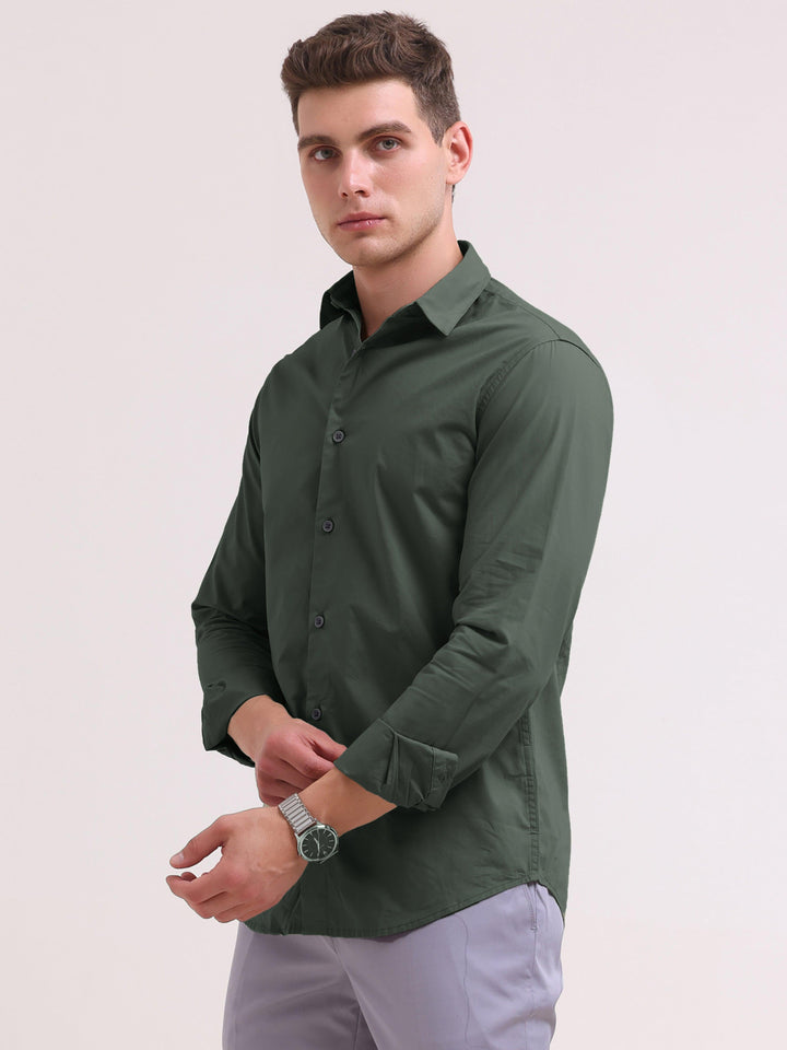 Orchida Plain Full Sleeve Poplin Shirt - Green - Espanshe