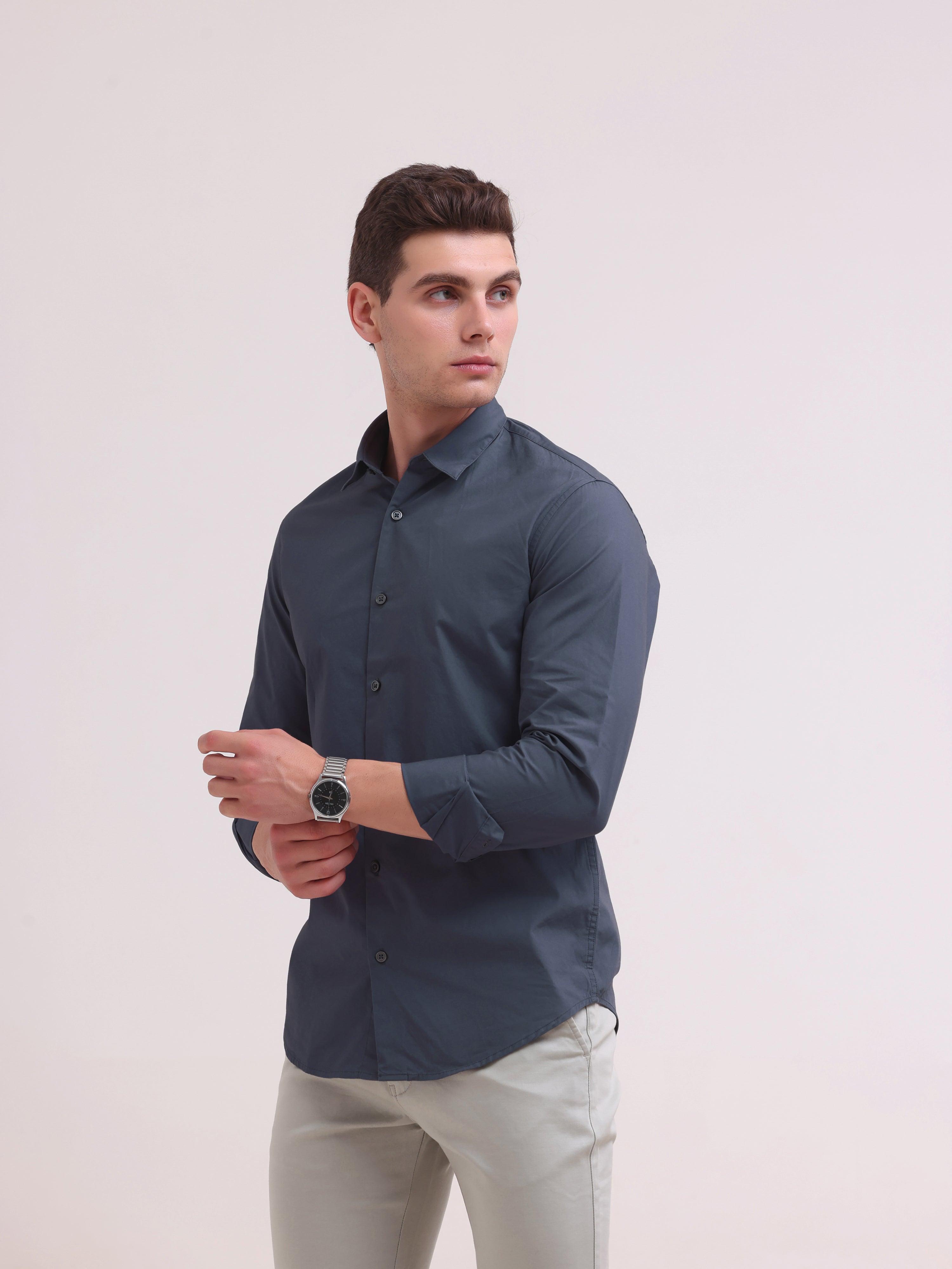 Orchida Plain Full Sleeve Poplin Shirt - Navy Blue - Espanshe