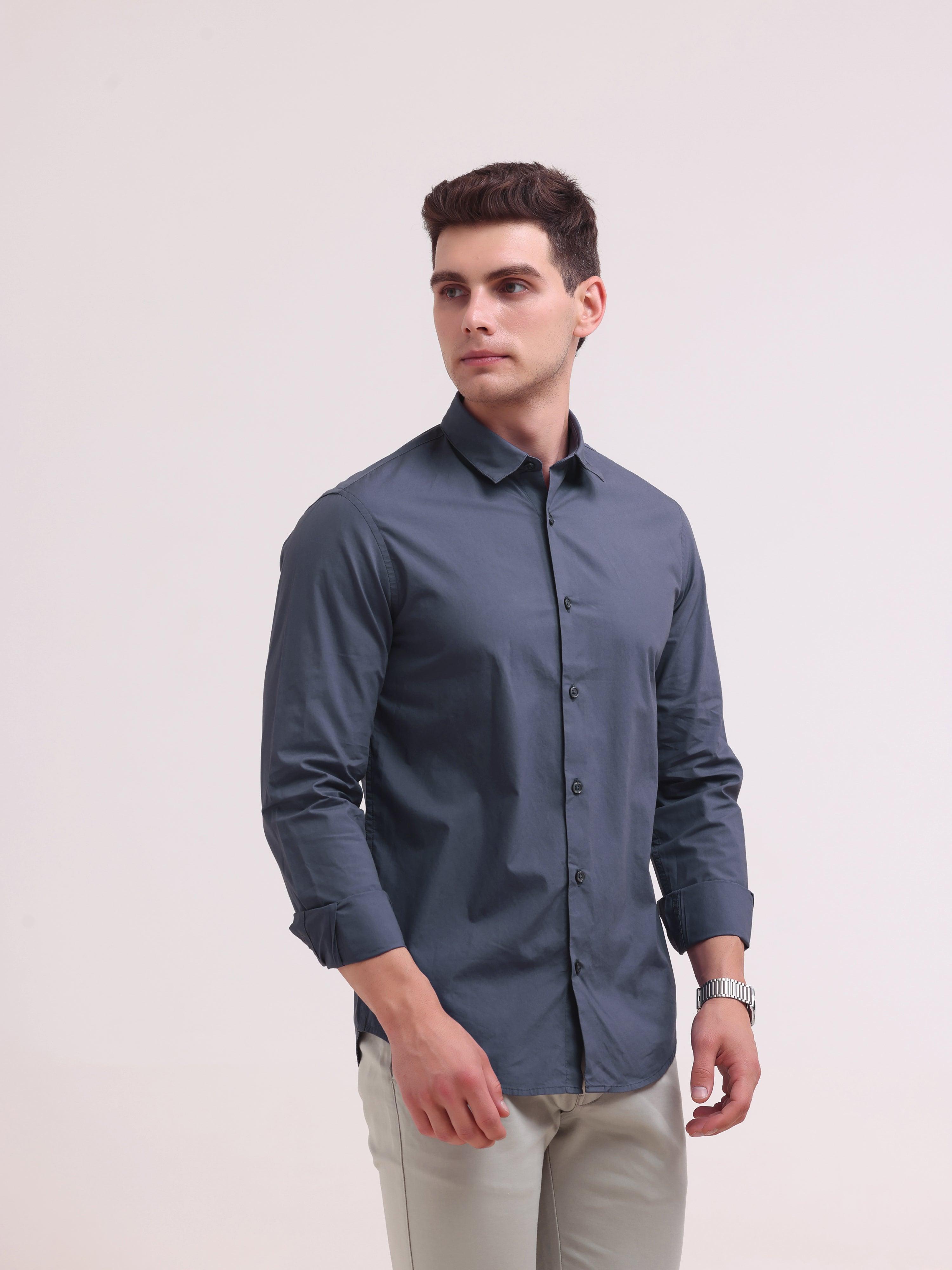 Orchida Plain Full Sleeve Poplin Shirt - Navy Blue - Espanshe
