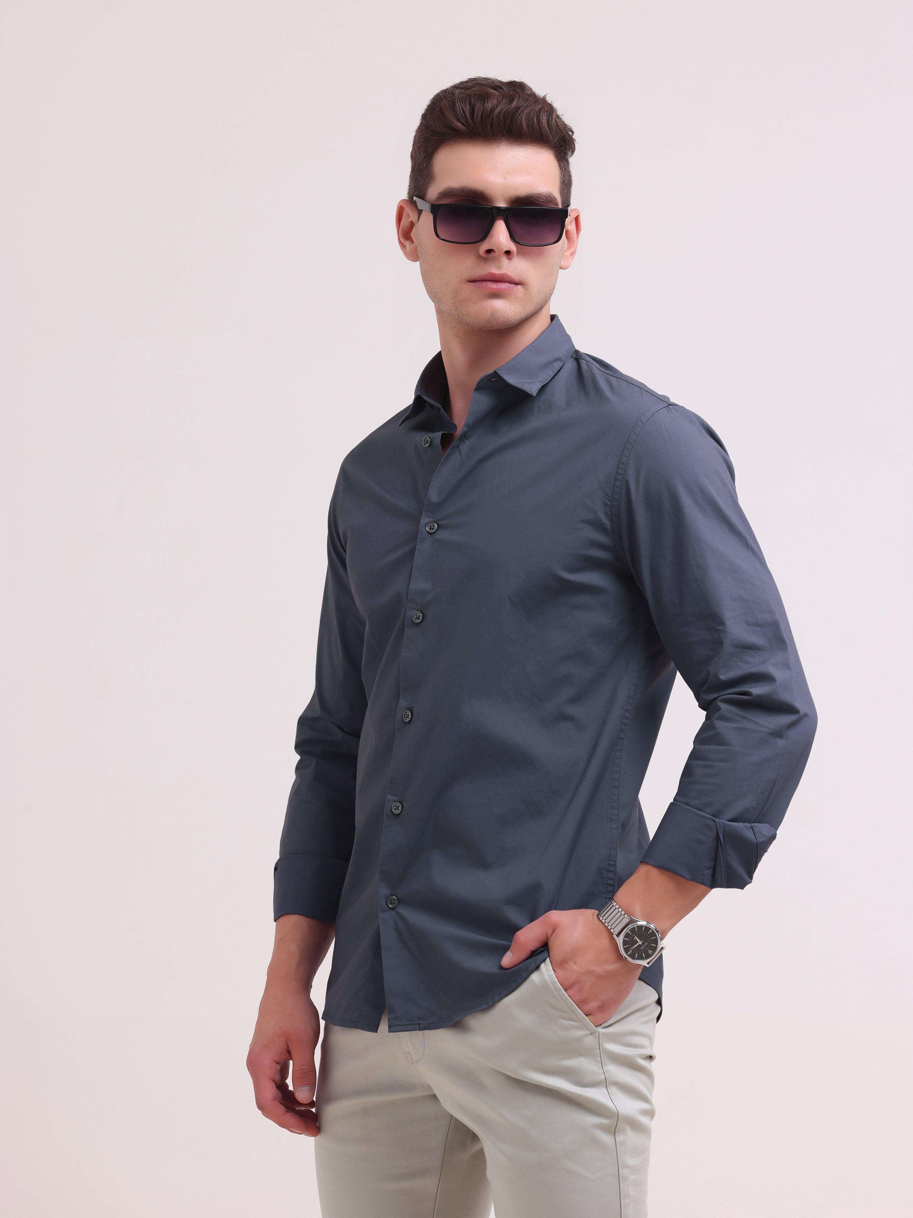 Orchida Plain Full Sleeve Poplin Shirt - Navy Blue - Espanshe