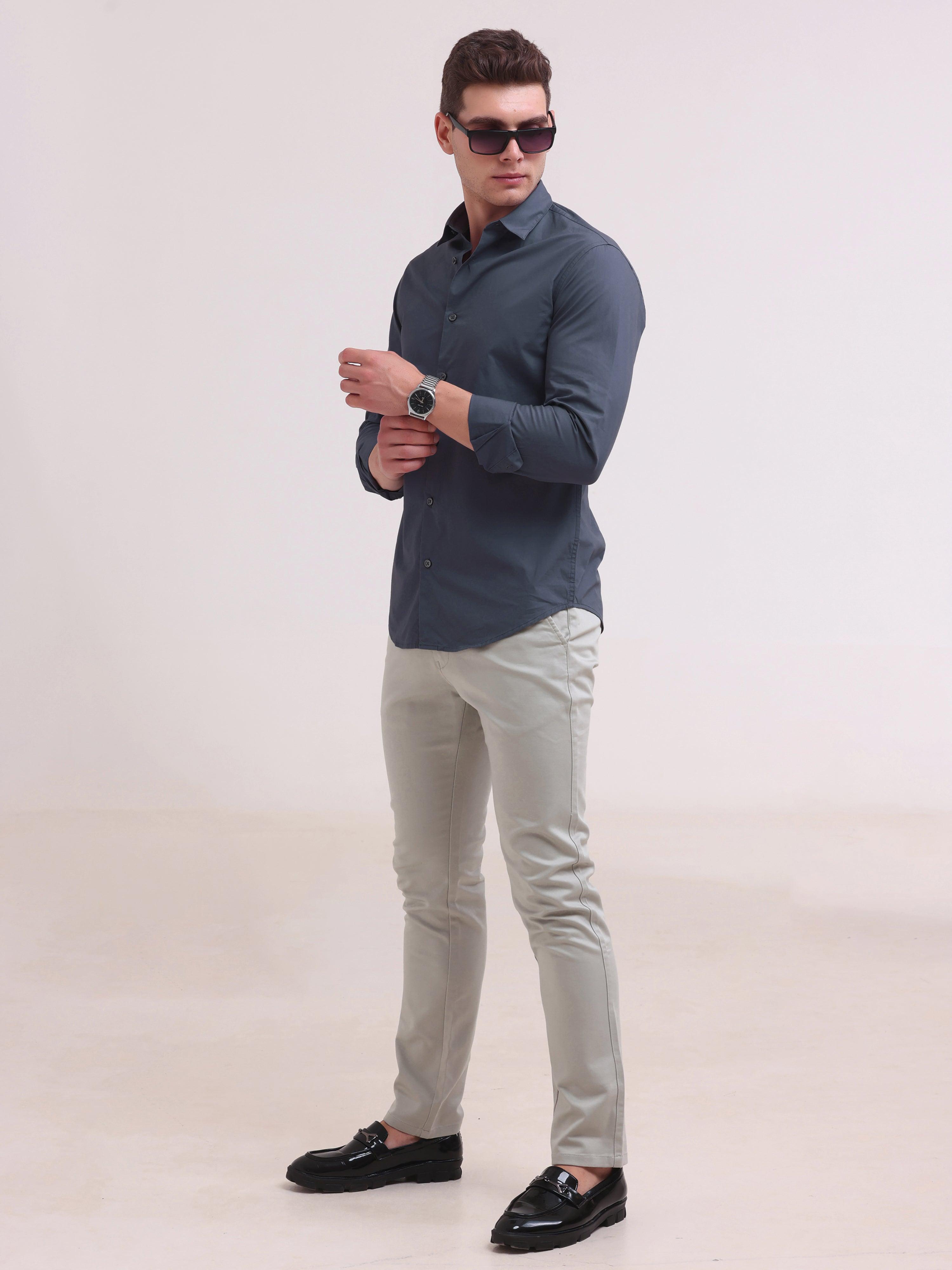 Orchida Plain Full Sleeve Poplin Shirt - Navy Blue - Espanshe
