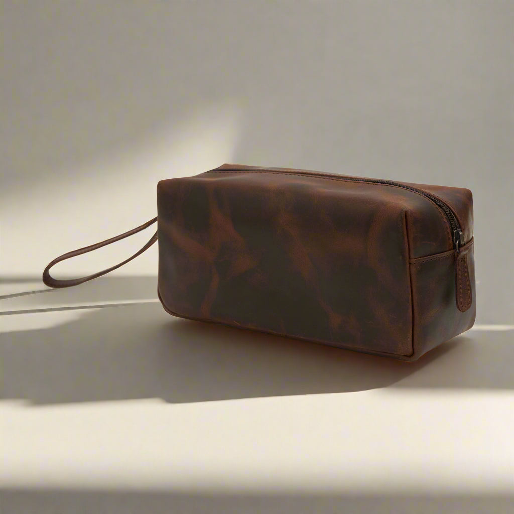 men's Basic Cosmetic Leather Bag - brown