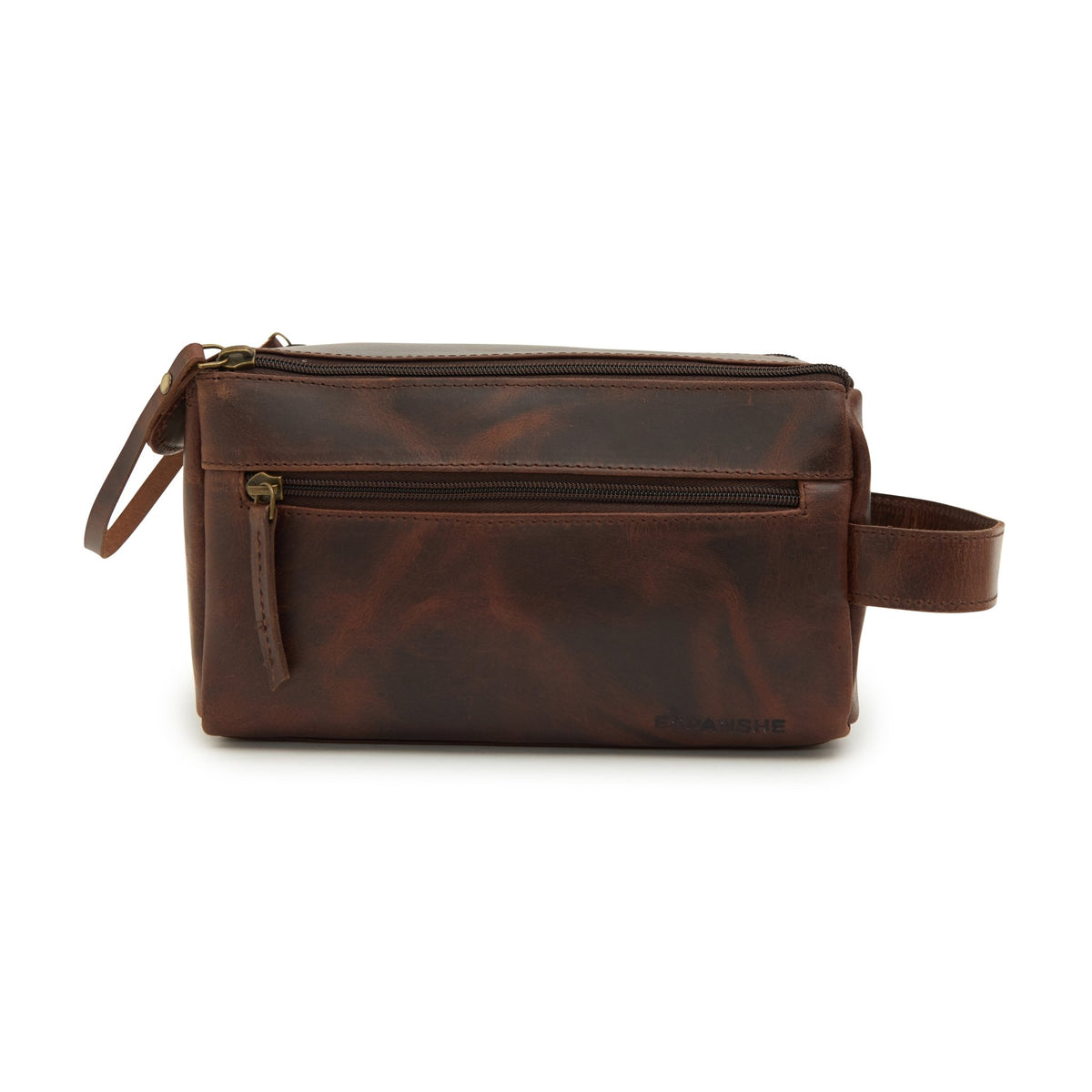 Godfrey - Leather Retro Dual Zipper Toiletry Bag - Brown - Espanshe