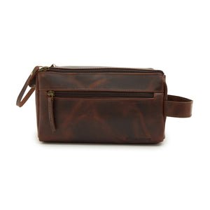 men's Leather Retro Dual Zipper Toiletry Bag in brown
