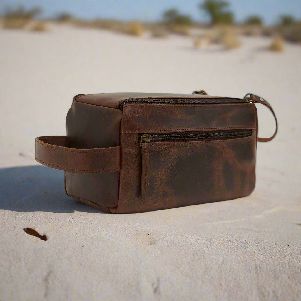 men's Leather Retro Dual Zipper Toiletry Bag in brown
