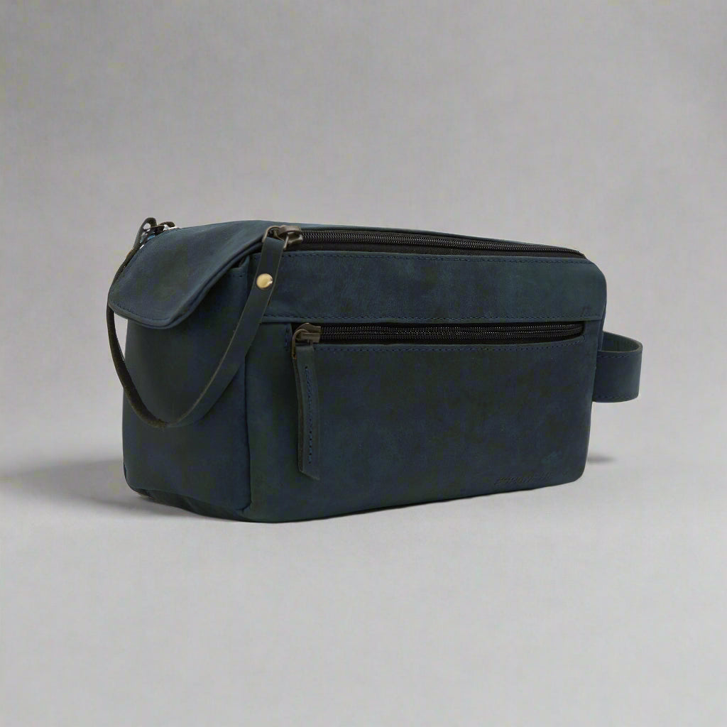 men's Leather Retro Dual Zipper Toiletry Bag in blue