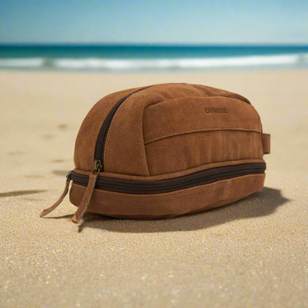 men's suede cosmetic leather bag in tan