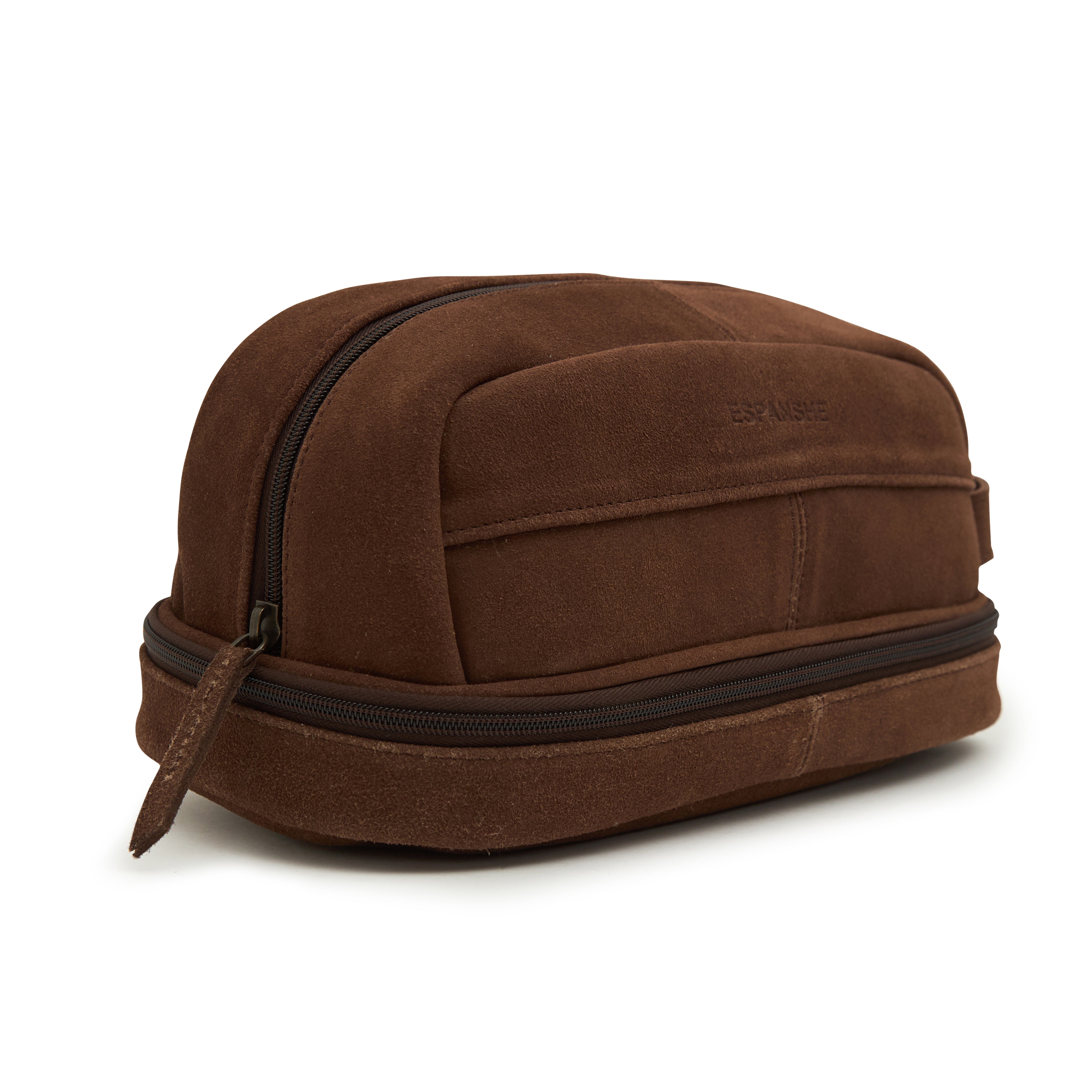 men's suede cosmetic leather bag in brown