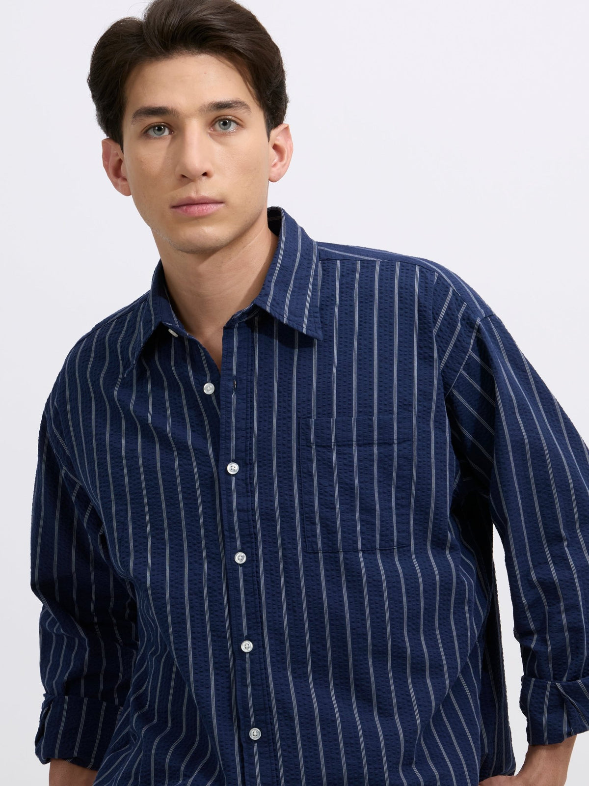 Cullen - Casual Striped Shirt - Navy Blue - Espanshe