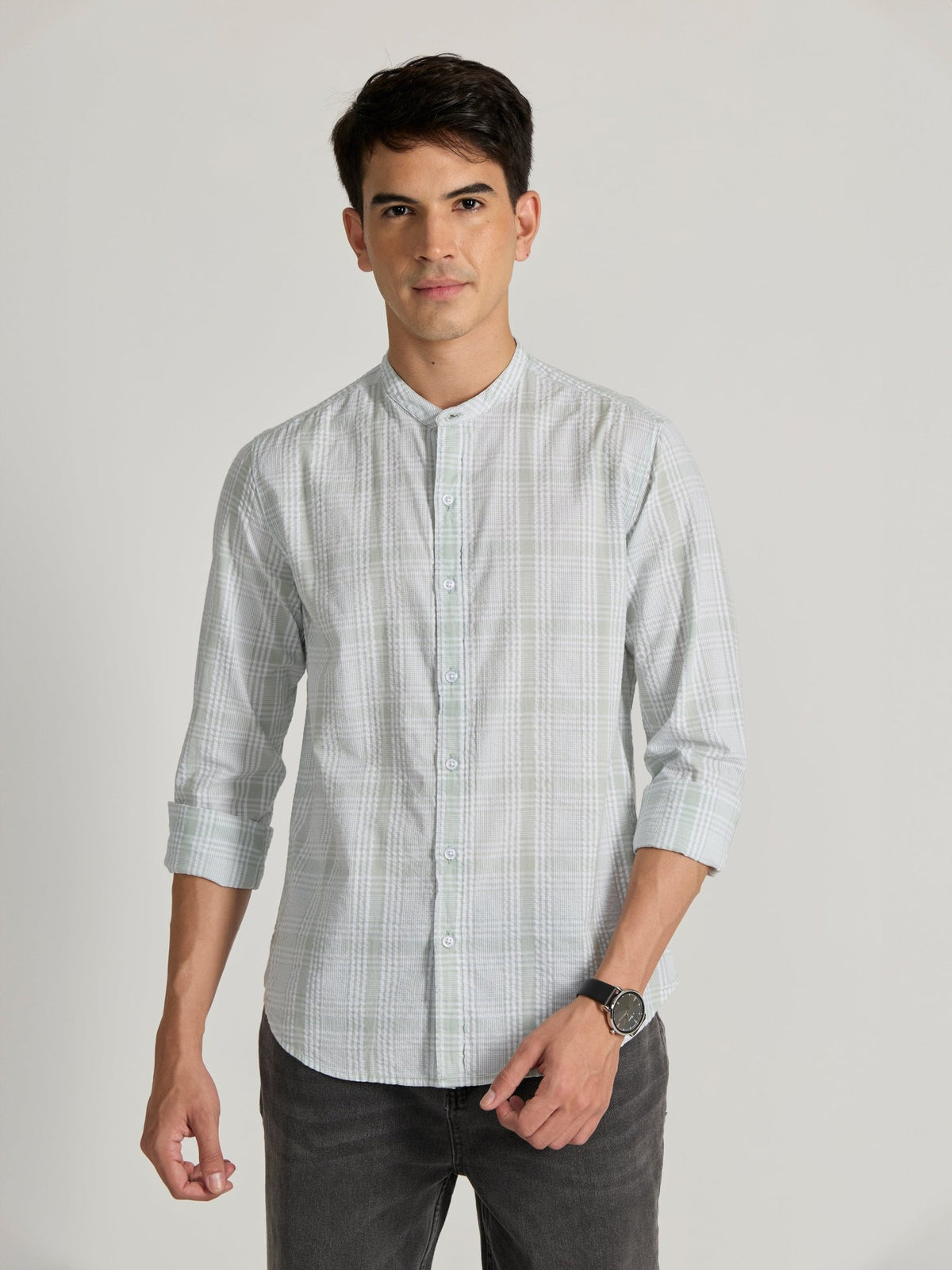 Hadrian - Band Collar Checks Shirt - Green - Espanshe